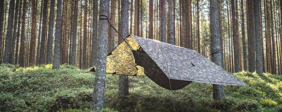 DD Hammocks hengekøye under en tarp i en furuskog