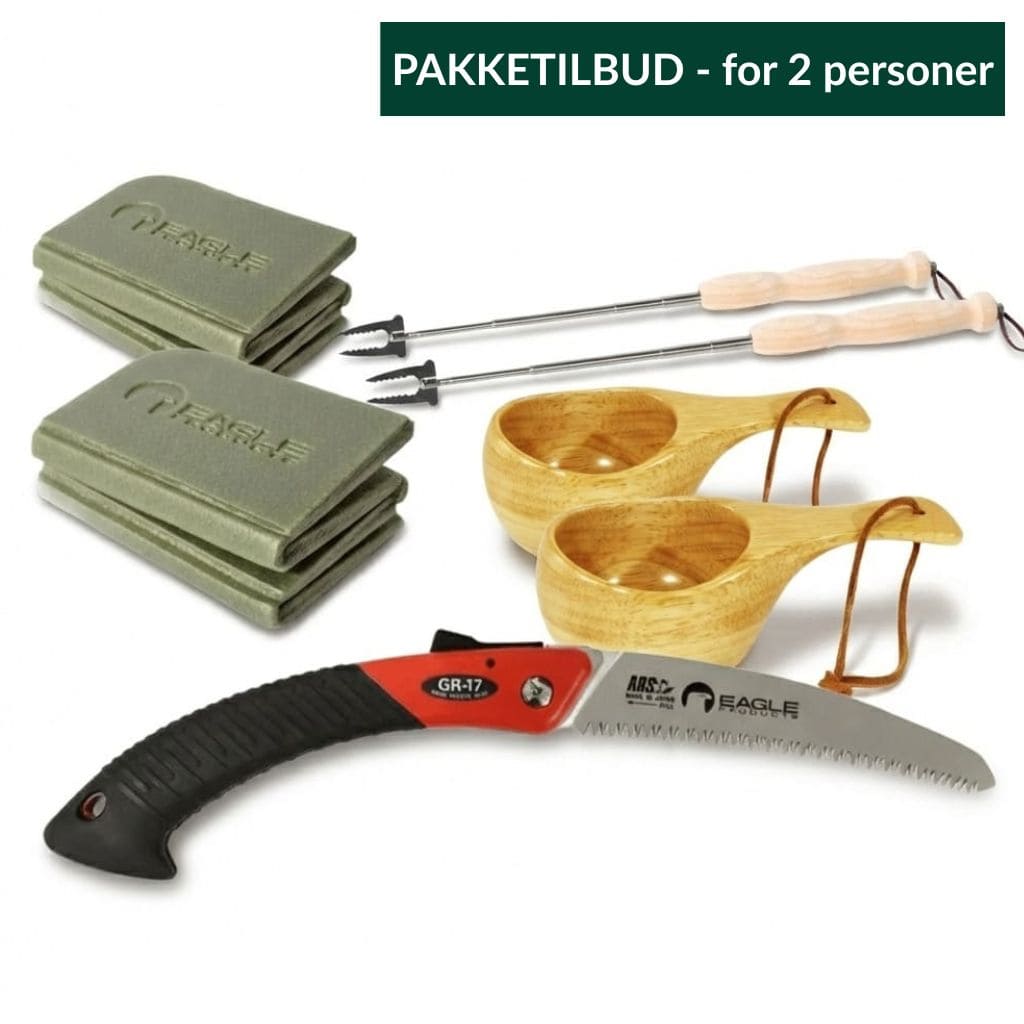 Bålpakken Classic for 2 personer med tursag, to bålgaffler, to trekopper og to sitteplater