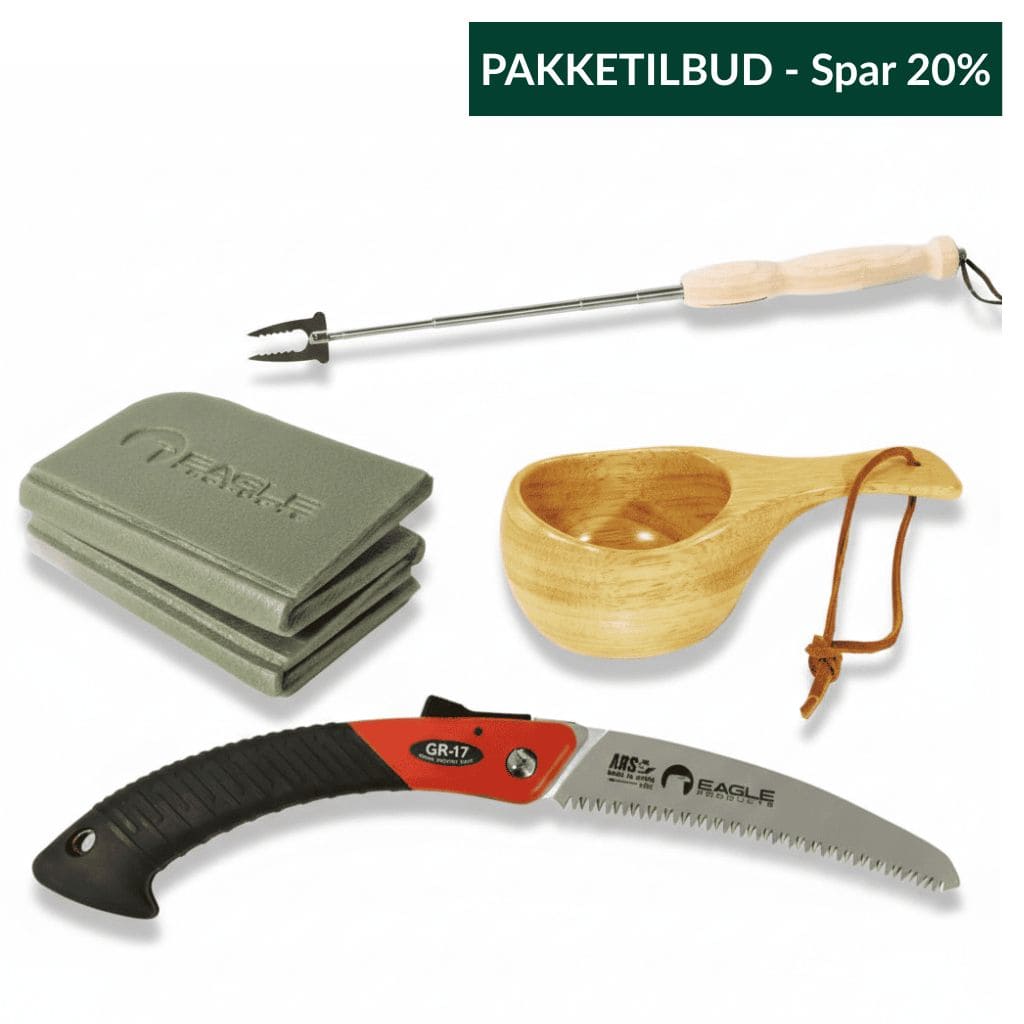 Bålpakken Classic med tursag, teleskopisk bålgaffel, trekopp og sitteplate samlet