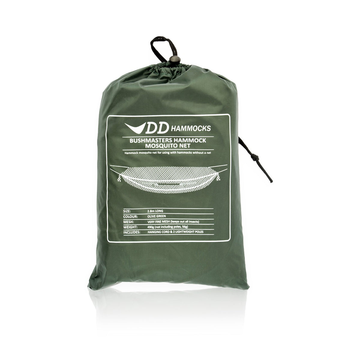 DD Hammock Mosquito Net pakket i olivengrønn pose med etikett, på hvit bunn
