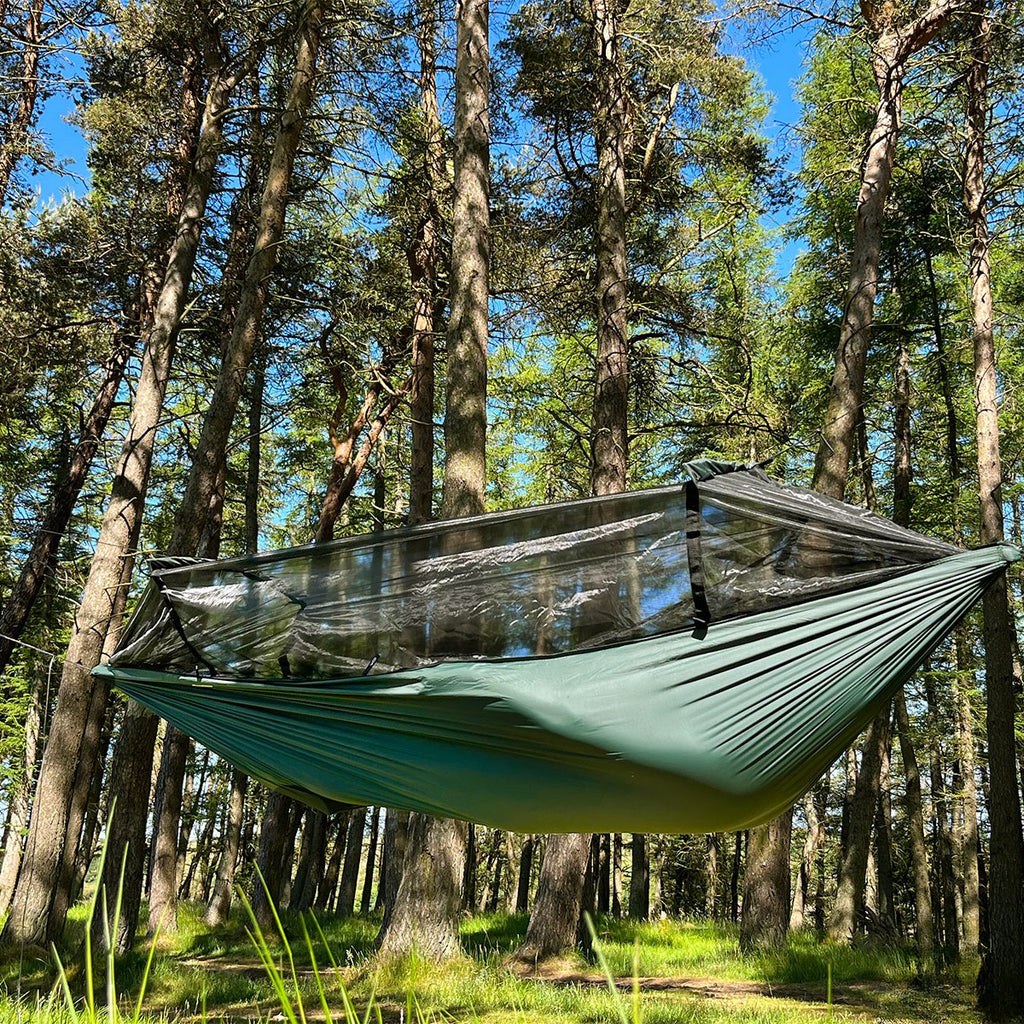 DD SuperLight Frontline Hammock med myggnett hengt mellom furutrær i sol