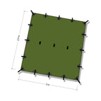 Tegning av DD SuperLight Tarp i Olivengrønn sett ovenfra, 3 × 2,9 m, med festepunktene langs kantene og tre i midten