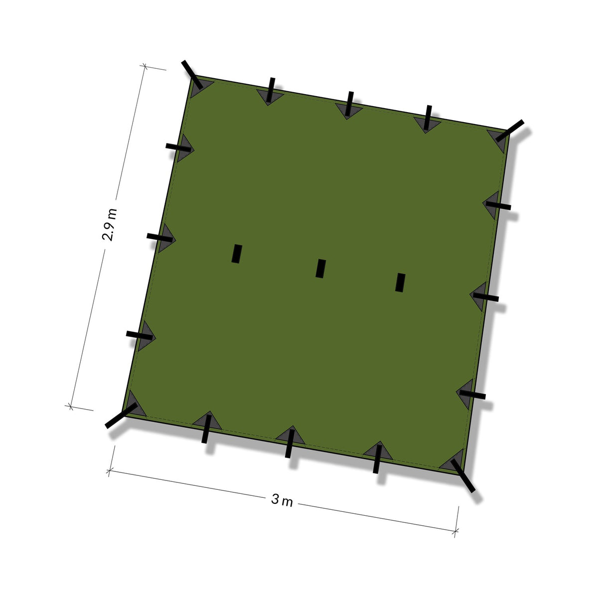Tegning av DD SuperLight Tarp i Olivengrønn sett ovenfra, 3 × 2,9 m, med festepunktene langs kantene og tre i midten