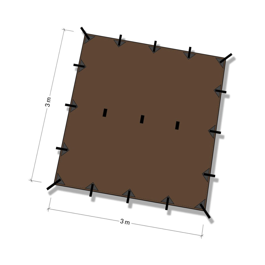 Tegning av DD Tarp 3x3 i Coyote Brown sett ovenfra, 3 × 3 m, med festepunktene langs kantene og tre i midten