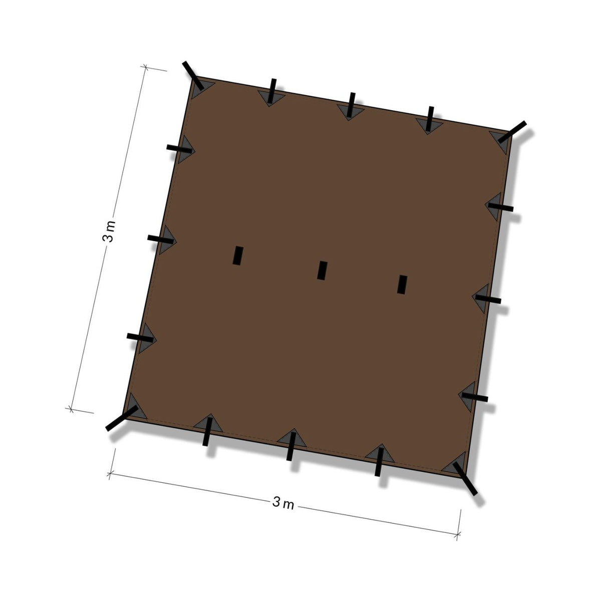 Tegning av DD Tarp 3x3 i Coyote Brown sett ovenfra, 3 × 3 m, med festepunktene langs kantene og tre i midten