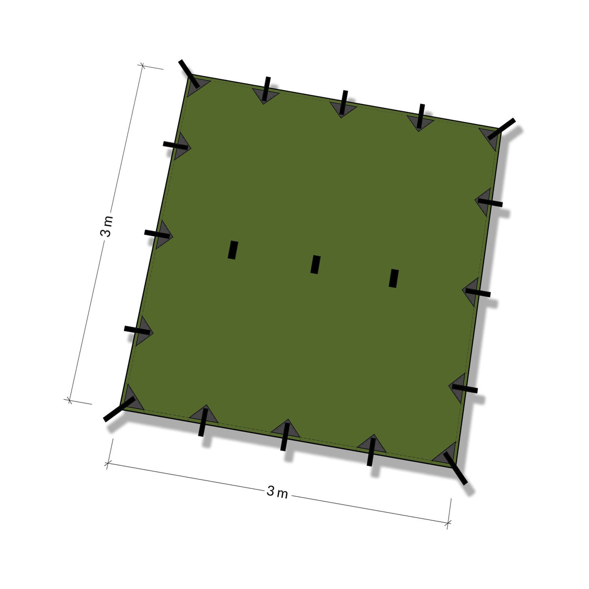 Tegning av DD Tarp 3x3 i Olivengrønn sett ovenfra, 3 × 3 m, med festepunktene langs kantene og tre i midten