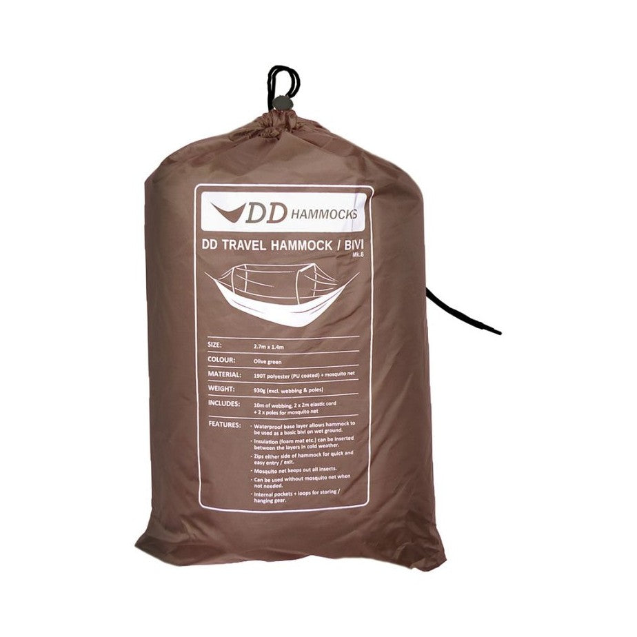 DD Travel Hammock / Bivi pakket i brun pose med etikett, på hvit bunn