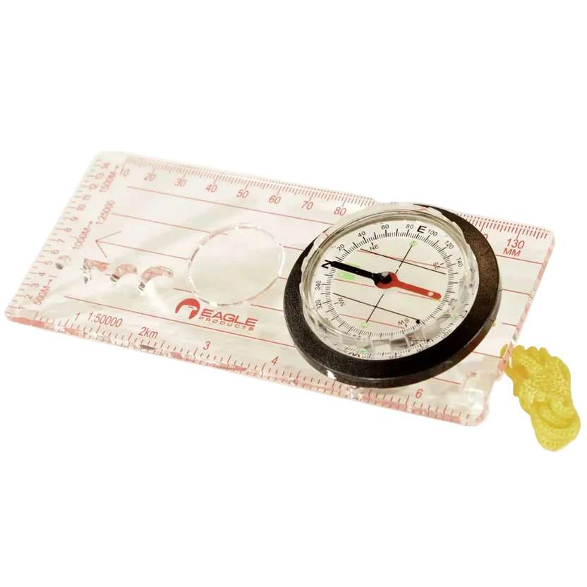 Skolekompass fra Eagle Products med gjennomsiktig kartplate, cm-skala og integrert forstørrelsesglass
