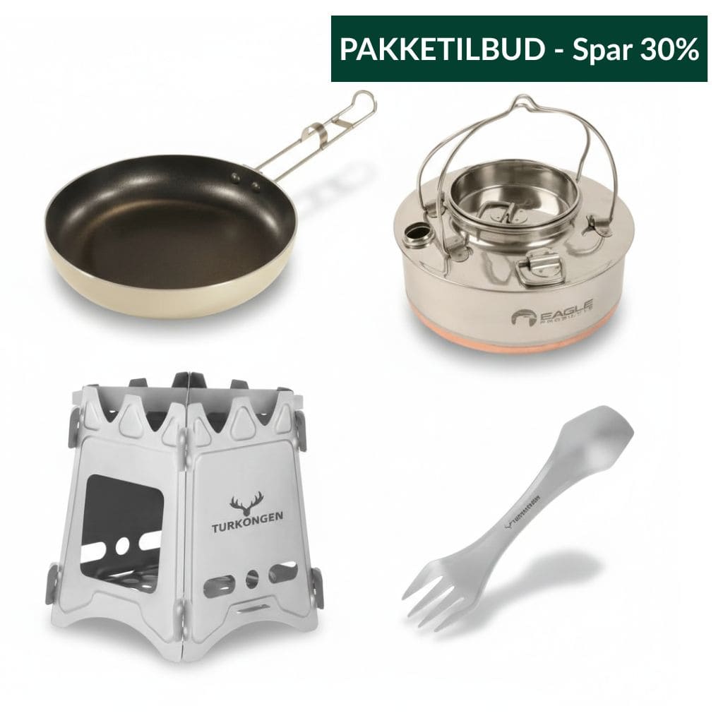 Turkokken pakken kvistbrenner i titan, stekepanne, turkjele og sport i titan samlet